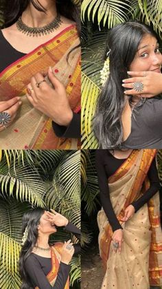 three different pictures of a woman wearing a sari and holding her hands up to her face