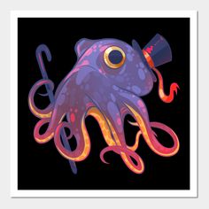 an octopus with a top hat on it's head and tentacles in its mouth