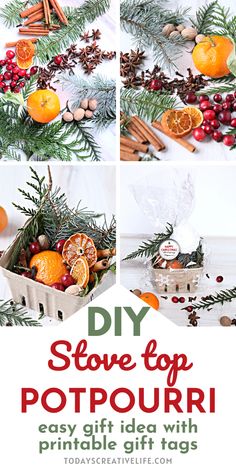 the diy stove top potpouri is made with pine cones, cinnamon sticks and oranges