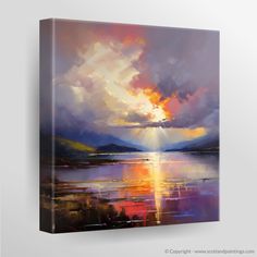 an abstract painting of the sun setting over water with clouds and mountains in the background