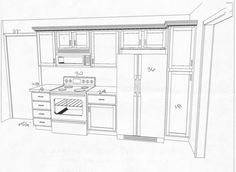 a drawing of a kitchen with an oven and cabinets