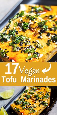 an image of tofu marinades on a plate with limes and cilantro