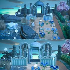 two different views of a garden with blue flowers and white arches in the middle, one is