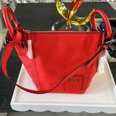 Henri Bendel Original, Brand New Never Used With Protection Plastic Still On Some Of Hardware With Original Storage Bag. Red Bags With Silver-tone Hardware, Red Shoulder Bag With Silver-tone Hardware For Shopping, Fiery Red, Genuine Leather Handbag, Henri Bendel, Leather Handbag, Storage Bag, Leather Handbags, Bag Storage