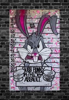 a brick wall with graffiti on it and a rabbit holding a sign that says, just funky