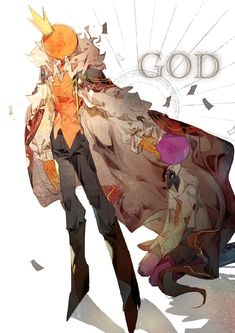 an anime character is standing in front of the word god on a white background with orange and red colors