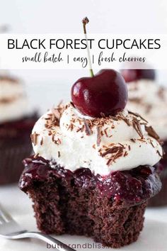 black forest cupcakes with vanilla frosting and cherries