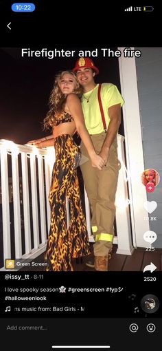 a man and woman posing for a photo on their cell phone with the caption firefighter and the life