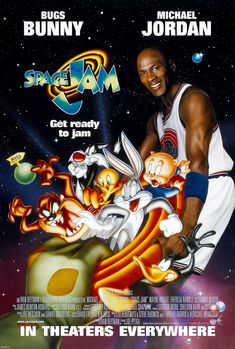 the movie poster for bugs, bunny and michael jordan's film in theater everywhere