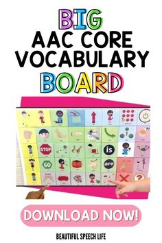 a poster with the words, big aac core vocabulary board and pictures on it