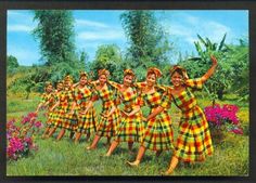 a group of women in plaid dresses dancing on grass with flowers and trees behind them