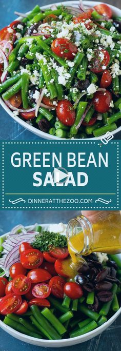 green bean salad with olives, tomatoes and feta cheese in a white bowl