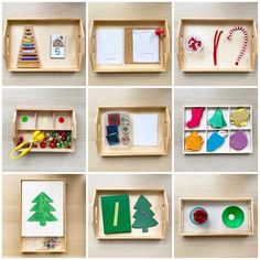 twelve different wooden trays filled with paper and crafting supplies for christmas tree decorations