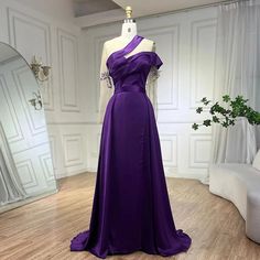 Arabic Purple Mermaid Satin Evening Dress with Overskirt - Lace Beaded Satin Evening Dress, Purple Mermaid, Satin Evening Dresses, Mermaid Silhouette, Gowns Of Elegance, Purple Hues, Ladies Party, Beaded Lace, Evening Dress