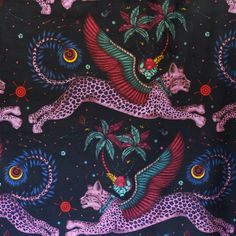 the fabric is very colorful and has many animals on it, including two leopards