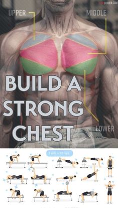 an image of a man doing exercises with the words build a strong chest on it