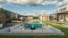 a modern house with a pool and lounge area on the lawn, surrounded by greenery