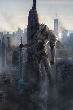 an image of a sci - fi character flying in the air over a cityscape