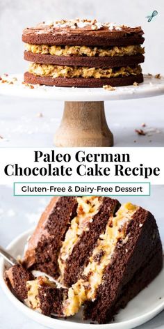 a chocolate cake on a white plate with the words paleo german chocolate cake recipe