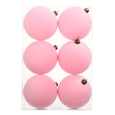 six pink christmas balls in a clear box