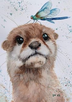 an otter with a blue dragonfly on its head is shown in this watercolor painting