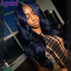 Midnight Blue 180% Transparent 13x4 13x6 Body Wave Lace Frontal Wig Pre Plucked Ready Go 6x4 Lace Blue Closure Wig, Sew In Blue Highlights, Midnight Blue Lace Front Wig, Weave With Blue Highlights, Navy Blue Lace Front Wig, Blue Black Hair Black Women, Indigo Hair Black Women, Black And Blue Hair Black Women