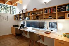 a desk with two chairs and a window