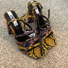 Yellow Pink And Purple Snake Print Zara Heels, Never Worn Out Just Tried On Zara Yellow Round Toe Heels, Zara Yellow High Heels, Zara Purple Heels For Spring, Zara Purple Party Heels, Purple Snake, Zara Heels, Zara Shoes, Pink And Purple, Snake Print