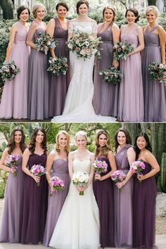 the bride and her bridesmaids are posing for pictures in their purple gowns