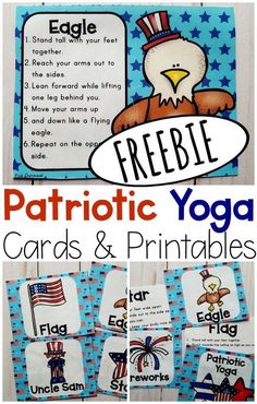 patriotic yoga cards and printables with the words freebie, patriotic on them