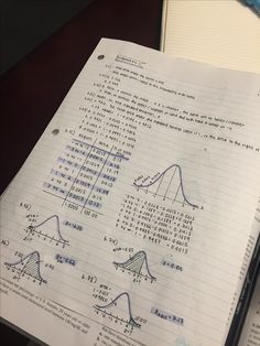 an open notebook with graphs on it and a calculator in front of it