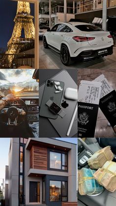 the collage shows different types of cars in front of the eiffel tower