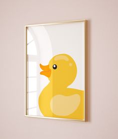 a yellow rubber ducky floating on top of a white wall next to a window