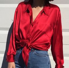 girlrose Silk Shirt Outfit, Red Shirt Dress, Fashion 90s, Satin Blouses, Valentine's Day Outfit, Satin Shirt, Red Outfit, Red Shirt