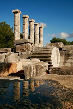 an ancient building with columns and water in the foreground