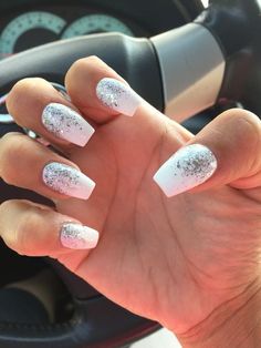 Nails Colour, Fall Wedding Nails, Silver Glitter Nails, White And Silver Nails, Milky Nails, White Glitter Nails