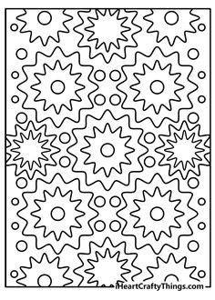 a black and white coloring book page with an abstract design in the center, which includes stars