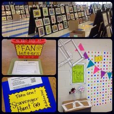 there are many pictures on the wall in this school room, including posters and decorations