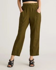 100% European Linen Tapered Ankle Pants Linen Tapered Leg Pants With Pull-on Style, Linen Pull-on Pants, Linen Straight Pants With Pull-on Style, Straight Linen Pants With Pull-on Style, Straight Leg Flax Pants For Spring, Spring Straight Leg Flax Pants, Comfortable Spring Pants With Pockets, Comfortable Ankle-length Pants For Spring, Comfortable Linen Tapered Leg Pants