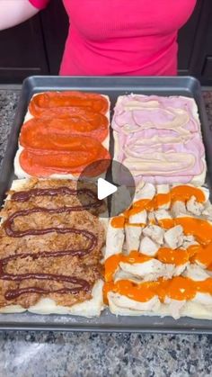 a woman standing in front of a pan filled with different types of food