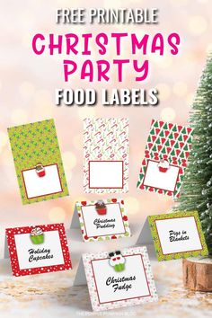 christmas party food labels with free printables on them and an image of a tree in the background