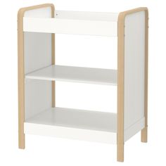 a white wooden shelf with two shelves on each side