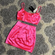 New With Tags Fashion Nova Size Small Neon Pink 2 Piece Set With Mini Skirt And Crop Top Summer Satin Mini Skirt For Night Out, Summer Night Out Satin Mini Skirt, Casual Satin Skirt For Party, Satin Party Skirt, Mini Skirt And Crop Top, Pink 2 Piece Set, Skirt And Crop Top, Crop Top Set, 2 Piece Set