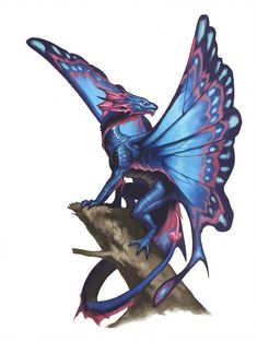 a blue and pink dragon sitting on top of a tree branch with its wings spread