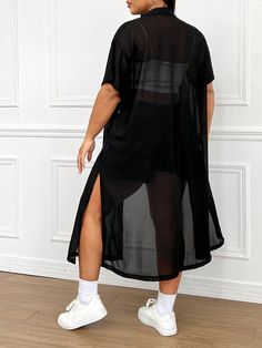 Plus Size Semi-Sheer Vacation Style Long Shirt With Side Slit And Front Button Closure Black Casual  Short Sleeve Chiffon Plain Shirt Non-Stretch  Women Plus Clothing, size features are:Bust: ,Length: ,Sleeve Length: Kimono Outfits, Plain Shirts, Vacation Style, Kids Sleepwear, Plus Size Blouses, Long Shirt, Plus Size T Shirts, Plus Size Tops, Fashion Online Shop