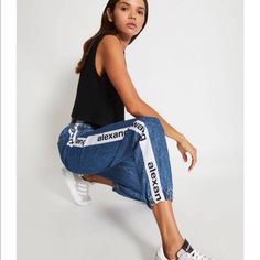 Alexander Wang Logo Denim Joggers Jeans Sporty Blue Denim Jeans, Blue Sporty Denim Jeans, Sporty Blue Denim Pants, Corset And Jeans, Alexander Wang Jeans, Joggers Jeans, Riding Jeans, Ankle Length Jeans, Faded Jeans