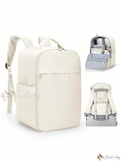 the back pack is white and has two compartments for items to be packed into it