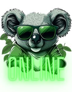 a koala bear wearing sunglasses with the word online on it's chest and green leaves around its neck