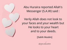 three paper hearts with the words, abuh hurra reported allaah's messenger saw