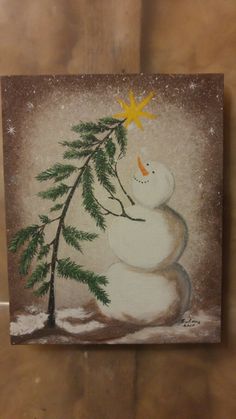 a painting of a snowman holding a pine tree in his hand with the star on top